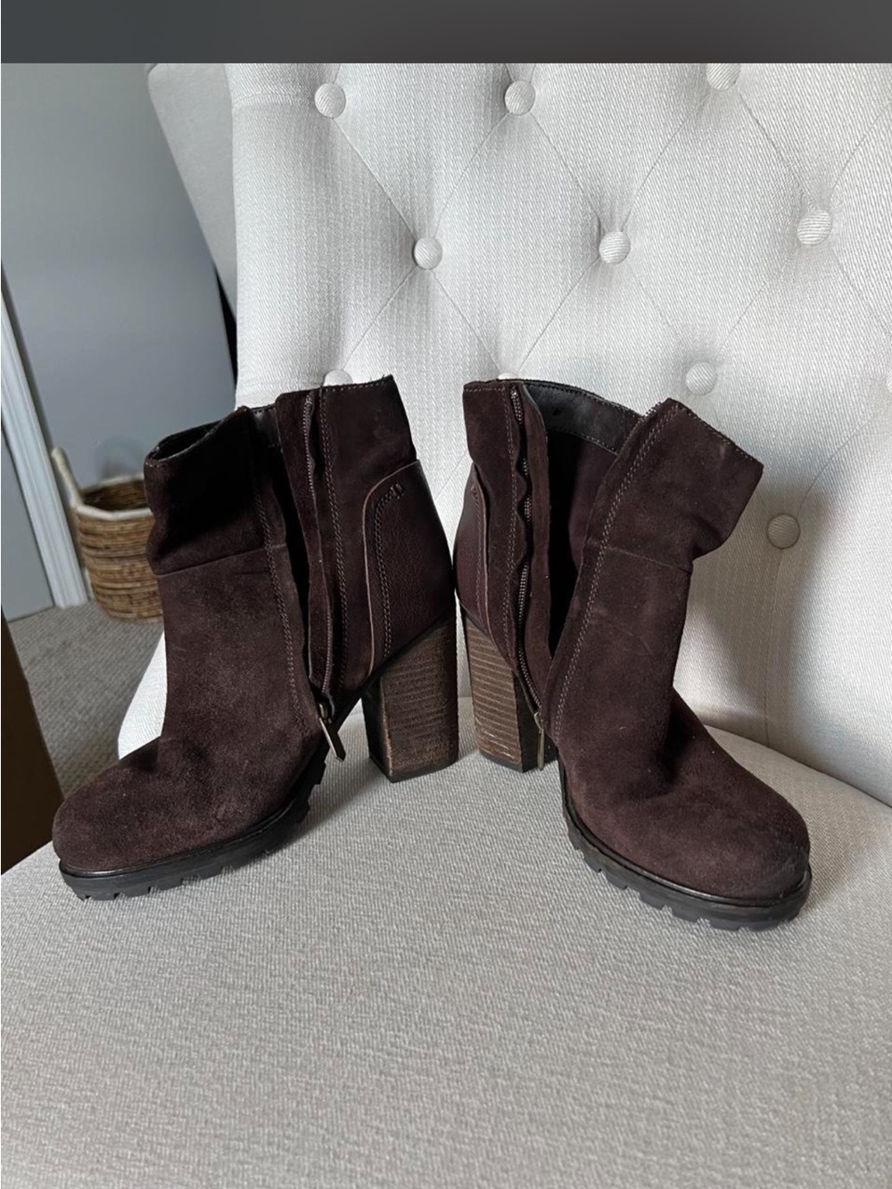 Sam Edelman Dark Brown Suede Stacked Heel Ankle Booties